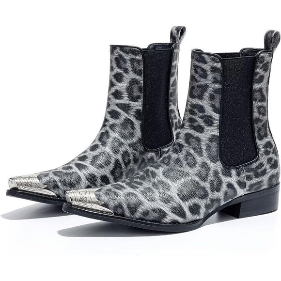 Men’s White Chelsea Pointed Metal Toe Leopard Print Ankle Street Style Boots main image 3
